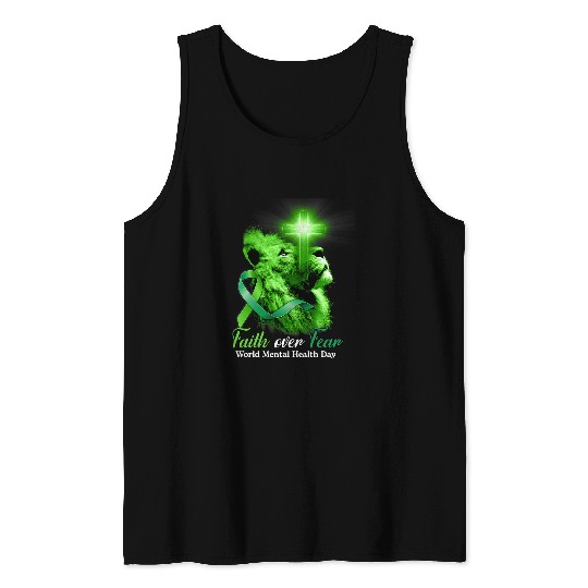 Lion Pet Christian Lion Cross Faith Over Fear Mental Health Awareness Tank Tops