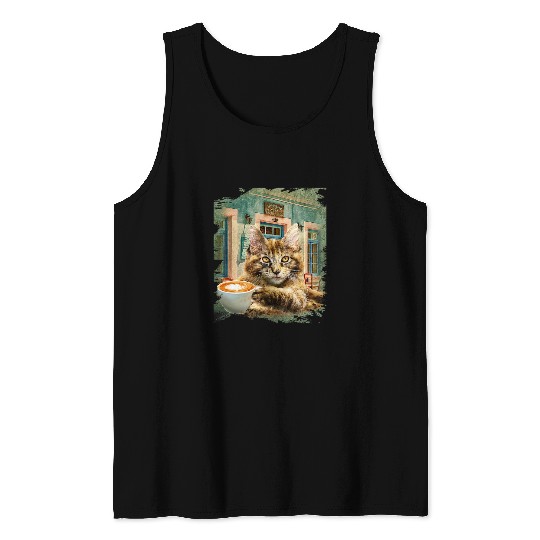 Coffee Fun Maine Coon Cat With Coffee Tank Tops