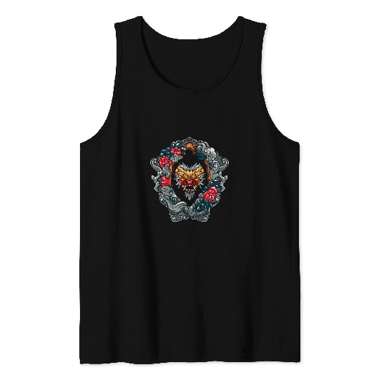 Dragon Pet Fierce Japanese Dragon Wrapped in Floral Baroque Frame Tank Tops