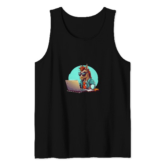 Coffee Fun Cool CEO Horse with Coffee and Computer Tank Tops