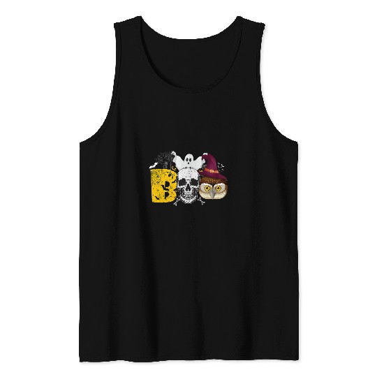 Discover Owl Pet Scary Boo Halloween Skull With Owl Witch Hat Skeleton Tank Tops