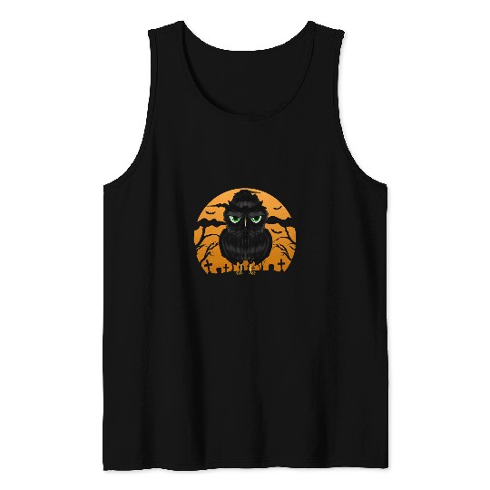 Owl Pet Creepy Scary Dark Owl With Green Eyes Halloween Clothing Tank Tops