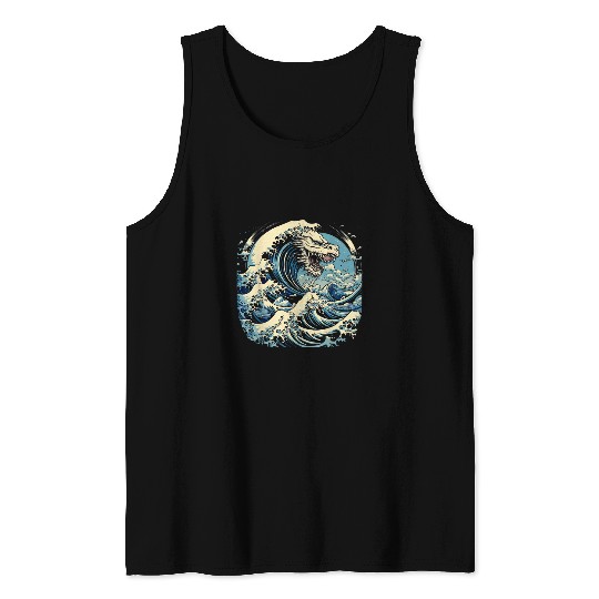 Dragon Pet The Great Wave off Kanagawa Japanese vintages Kaiju Dragon Tank Tops