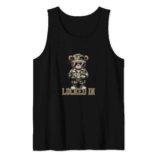 Bear Pet Camo Hip Hop Teddy Bear Locked In Saying Hustle Money Grind Tank Tops