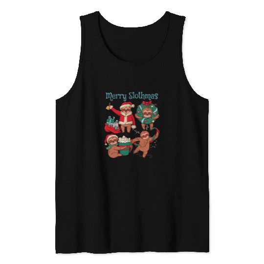 Sloth Pet Funny Merry Slothmas Christmas Wreath Santa Sloth Meme Tank Tops