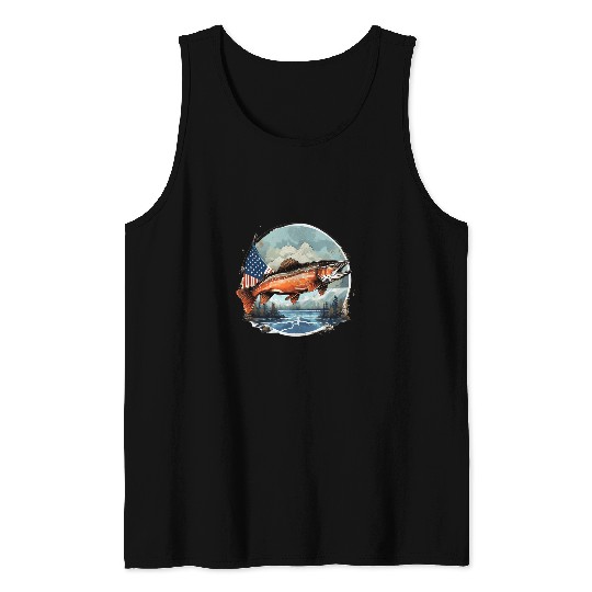 Fisherman American US Flag With Fly Fishing Brook Trout Fish 6 Tank Tops