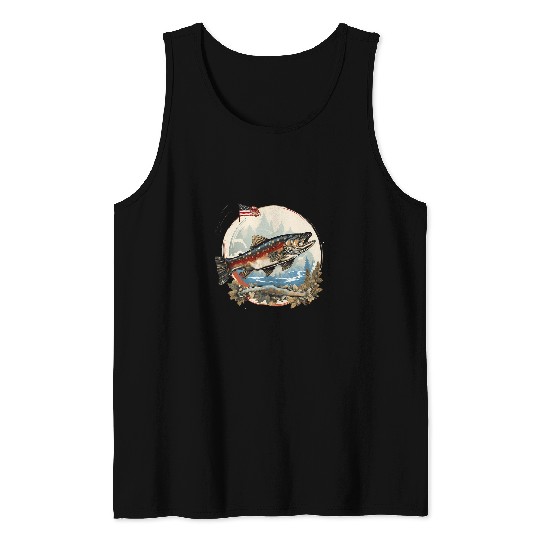 Fisherman American US Flag With Fly Fishing Brook Trout Fish 2 Tank Tops