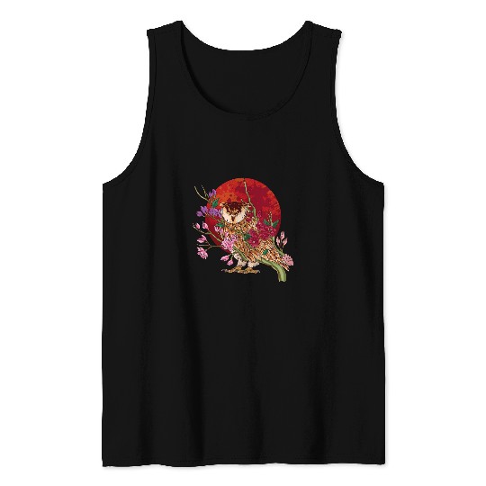 Owl Pet Aesthetics Style Red Moon Flowers Owls 1 Tank Tops