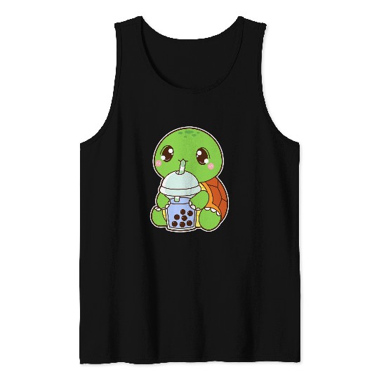 Turtle Pet Kawaii Cute Boba Turtle Reptile Blue Bubble Pearl Milk Tea Tank Tops