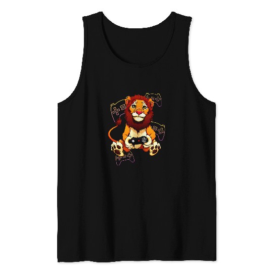 Lion Pet Video Game Controller Gamers Big Cat Gaming Design Tank Tops