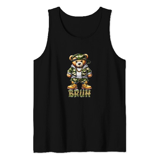 Bear Pet Camo Hip Hop Teddy Bear Bruh Meme Teenager Sayings Boys Teen Tank Tops