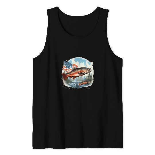 Fisherman American US Flag With Fly Fishing Brook Trout Fish 3 Tank Tops