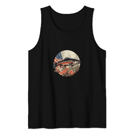 Fisherman American US Flag With Fly Fishing Brook Trout Fish 13 Tank Tops