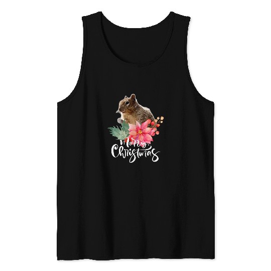 Squirrel Pet Merry Christmas Cute Squirrel Holly Berries Poinsettia Tank Tops