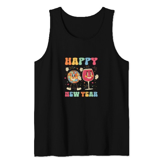 Retro Groovy Champagne Glass Disco Ball Happy New Year 2024 Tank Tops