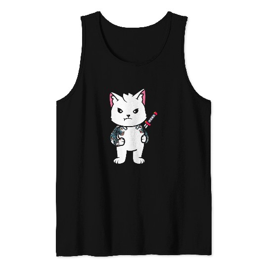 Samurai Cat Katana Ninja Yakuza Tattoo Japanese Culture Tank Tops