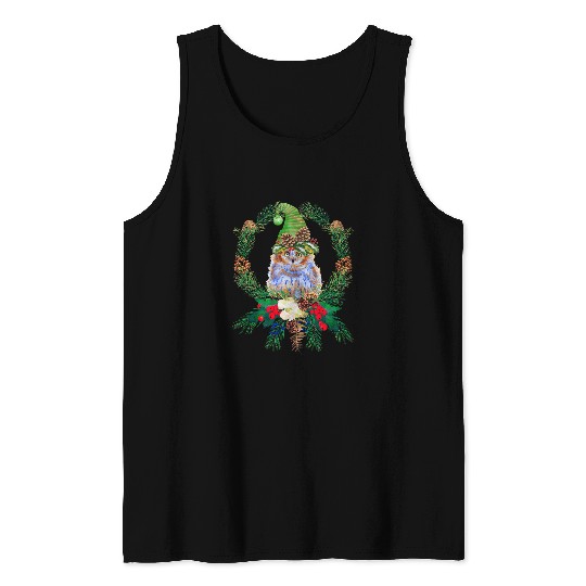 Owl Pet Cute Forest Owl Elf Hat Cottagecore Christmas Wreath Vintage Tank Tops
