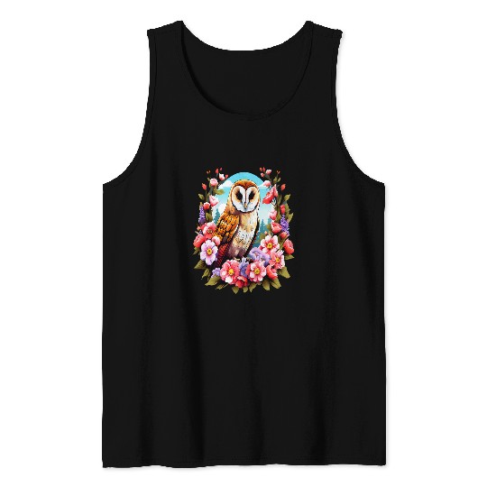 Owl Pet Cute European Barn Owl Surrounded by Bold Spring Flowers 4 Tank Tops