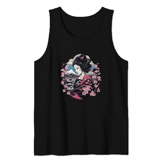 Japanese Geisha With Mount Fuji And Pagoda Cherry Blossom 16 Tank Tops
