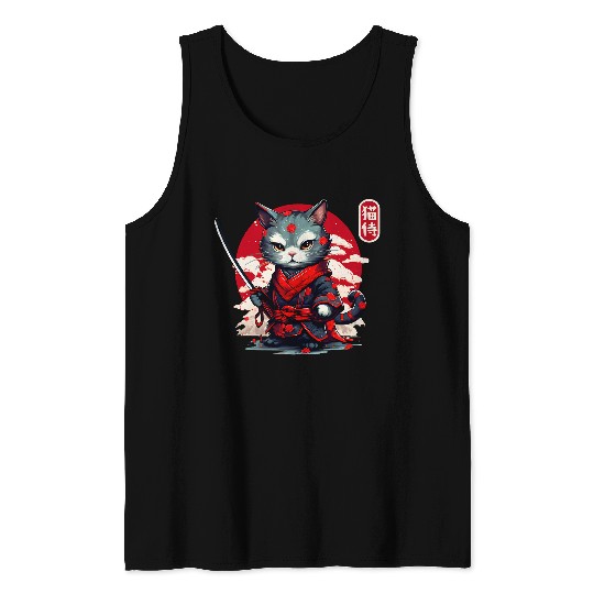 Japanese Samurai Cat Kawaii Ninja Cat Tattoo Kitten Warrior Tank Tops
