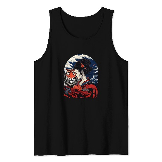 Japanese Geisha and Tiger With Mount Fuji And Pagoda Blossom Tank Tops