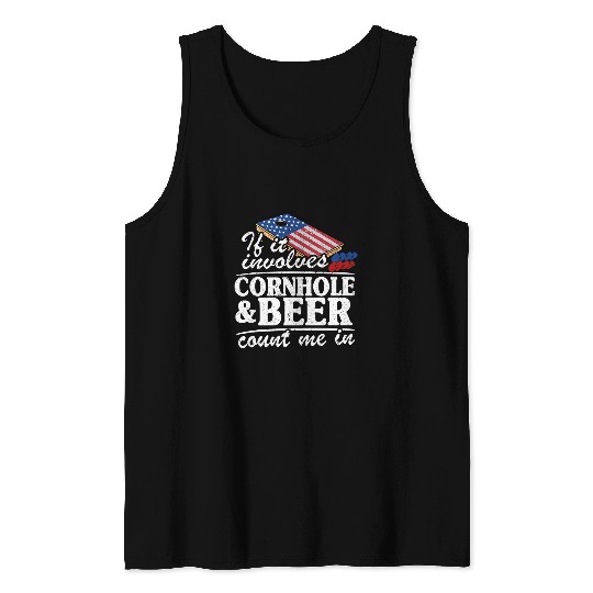 Beer Fun If It Involves Cornhole Beer Count Me In USA Flag Cornhole 2 Tank Tops