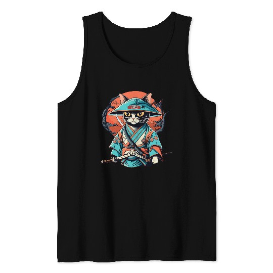 Japanese Samurai Cat Tattoo Kawaii Ninja Cat Ukiyoe Anime Tank Tops