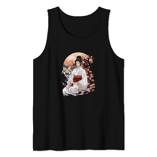 Japanese Geisha and Tiger With Mount Fuji And Pagoda Blossom 8 Tank Tops