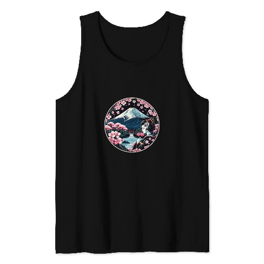 Mount Fuji Cherry Blossoms Geisha Japanese Garden Japan Art 6 Tank Tops