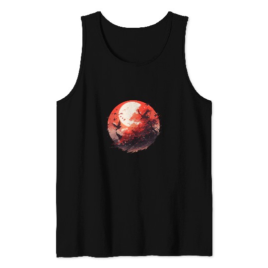 Japanese Tree Red Moon With Flying Birds Otaku Lovers Japan 1 Tank Tops