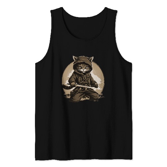 Japanese samurai cat tattoo kawaii ninja cat 16 Tank Tops