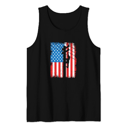 Electrical USA Flag vintages Lineman Line Worker Gift Electrician Tank Tops