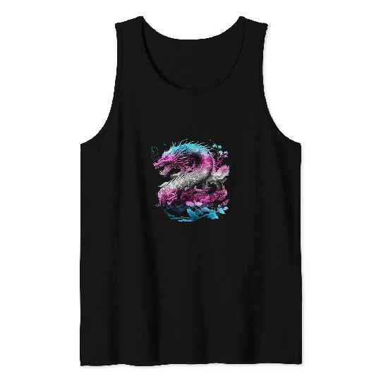 Dragon Pet Transgender Japanese Dragon Trans Pride Flag Colors Floral Tank Tops