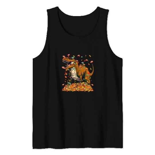 T Rexs Fall Leaves Thanksgiving Day Dinosaur Boys Girls Tank Tops