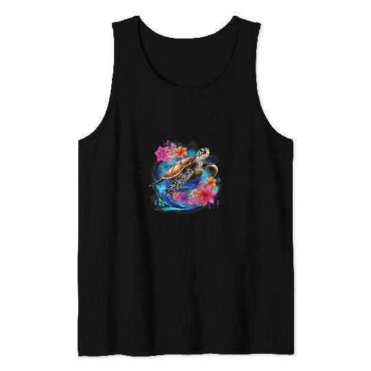 Turtle Pet Hawaiian Hibiscus Flowers Surfer Scubas Diving Tank Tops