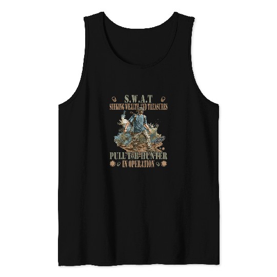 Mens Metal Detector SWAT Seeking Wealth and Treasures Tank Tops