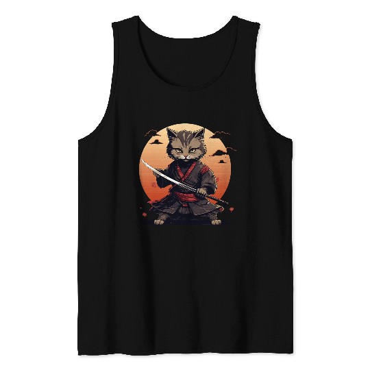 Japanese Samurai Cat Tattoo Kawaii Ninja Cat Tank Tops