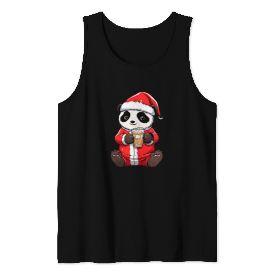 Panda Pet Drinking Boba Tea Santa Hat xmass Christmas Tank Tops