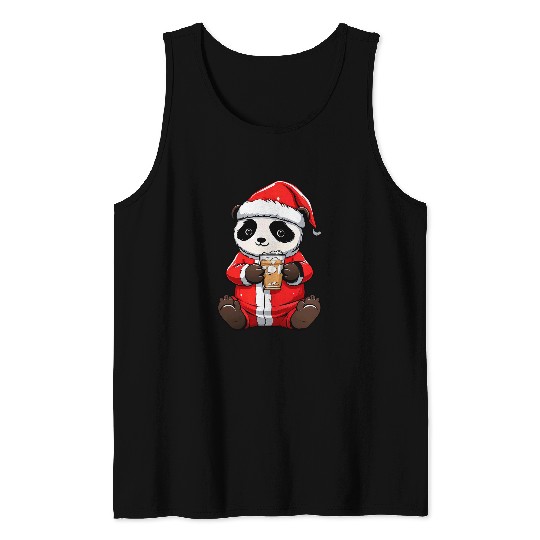 Panda Pet Drinking Boba Tea Santa Hat xmass Christmas Tank Tops