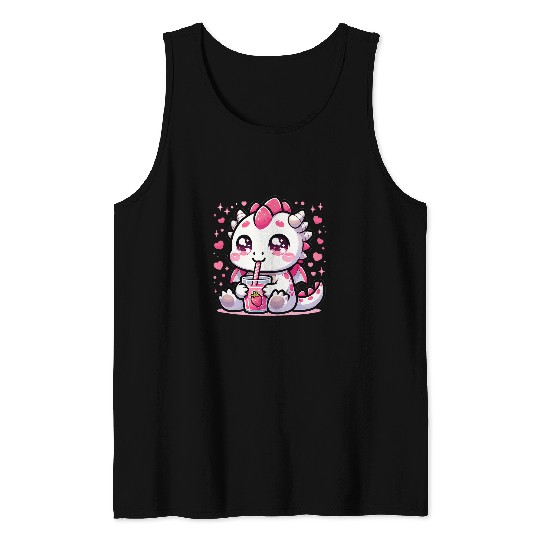 Dragon Pet Cute Japanese Kawaii Style Dragon Drinking Strawberry Milk Tank Tops