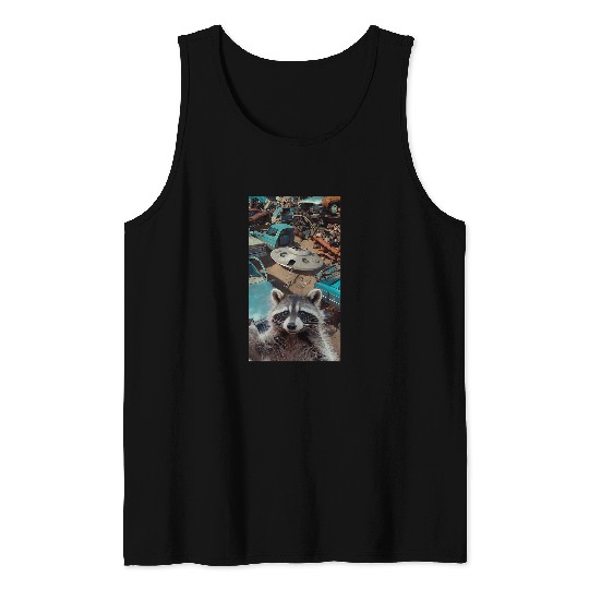 Raccoon Pet Selfie UFO Junkyard Funny Alien Space Print Tank Tops
