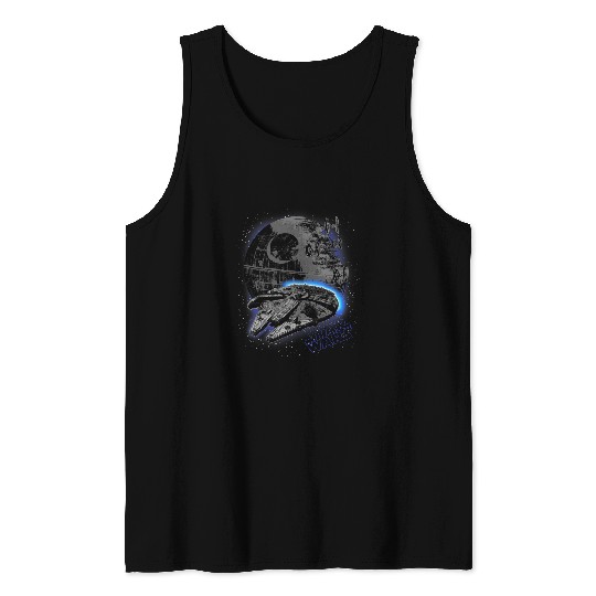 Star Wars Classic Millennium Falcon Flying Over Death Star Tank Tops