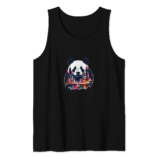 Panda Pet Double Exposure Giant Panda Chinatown Landscape Chinese Art Tank Tops