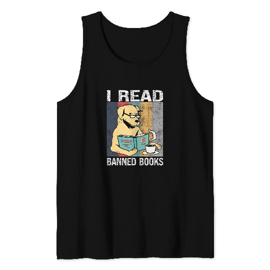 Coffee Fun Retro I Read Banned Books Dog Coffee Books Tank Tops