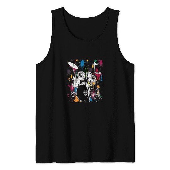 Drums Drummer Silver Drum Set Artistic Design Gift Tee Drums Tank Tops