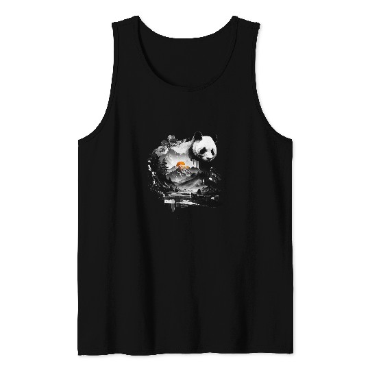 Panda Pet Landscape Sun Animal Print Art Panda Tank Tops