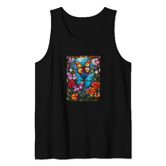 Stained Glass Spring Butterfly Flowers Cottagecore Tank Tops