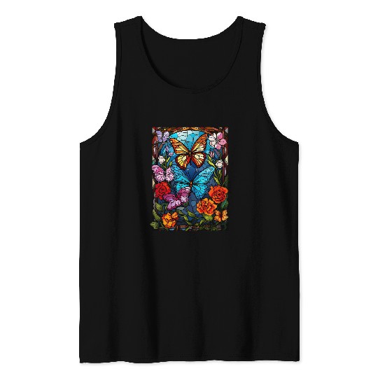 Stained Glass Spring Butterfly Flowers Cottagecore Tank Tops