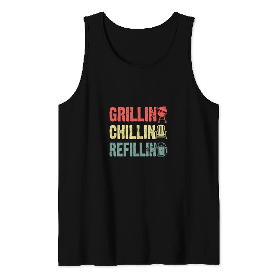 Beer Fun Grillin Chillin Refillin Barbeque BBQ Party Drinking Beer 1 Tank Tops