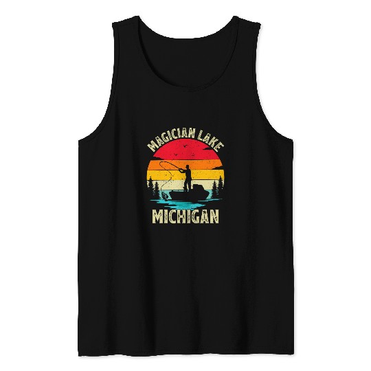 Fishing Fun Summer Vacation Fishing vintages Retro Michigan Lake Tank Tops
